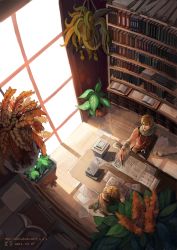 Rule 34 | 2boys, animal, animal around neck, blonde hair, book, brown capelet, brown hair, capelet, chair, commentary, dated, detached sleeves, diagram, fisheye, fox, from above, full body, hanging plant, head down, indoors, library, looking at another, multiple boys, open book, open mouth, pants, plant, potted plant, professor (ragnarok online), ragnarok online, red shirt, scenery, shirt, short hair, signature, sitting, sleeveless, sleeveless shirt, striped sleeves, symbol-only commentary, white pants, white sleeves, wide shot, wizard (ragnarok online), yellow sleeves, z.i