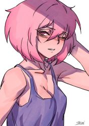 Rule 34 | 1girl, bare shoulders, blush, bob cut, breasts, camisole, cleavage, hair between eyes, hand up, looking at viewer, medium breasts, medium hair, messy hair, one eye closed, original, parted lips, pink-haired girl (zakusi), pink eyes, pink hair, purple camisole, sharp teeth, signature, simple background, solo, symbol-only commentary, teeth, upper body, white background, zakusi