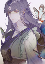 Rule 34 | 1girl, absurdres, bug, butterfly, hair ornament, hair rings, hairpin, highres, insect, long hair, looking at viewer, open mouth, purple hair, qinshi mingyue, shao siming (qin shi ming yue), shao siming zhuye, solo, upper body, veil, white background