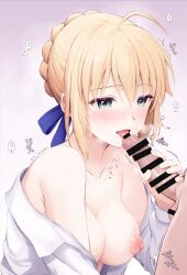 1boy 1girl ahoge artoria_pendragon_(fate) blonde_hair blush braid breasts censored chacharan collarbone erection fate/stay_night fate_(series) fellatio green_eyes hair_ribbon handjob hetero highres imminent_fellatio long_hair long_sleeves medium_breasts nipples off_shoulder open_clothes open_mouth oral penis ribbon shirt smile tongue white_shirt