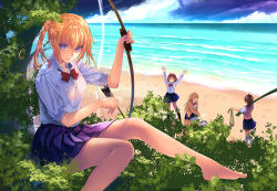 Rule 34 | 4girls, amatani mutsu, arrow (projectile), bare legs, barefoot, beach, black socks, blonde hair, blue eyes, blue skirt, bow, bow (weapon), bowtie, cloud, cooking, day, feet, from above, from behind, kneehighs, kneeling, kujou shion, leaf, long hair, looking at viewer, miniskirt, multiple girls, ocean, official art, onishima homare, open mouth, outdoors, outstretched arms, pleated skirt, pot, red bow, red neckwear, sagara riri, scenery, school uniform, shadow, shirt, skirt, sky, sleeves rolled up, smile, smoke, socks, sounan desuka?, suzumori asuka, sweater vest, thighhighs, tree, tropical, twintails, upper body, waving, weapon, white legwear, white shirt