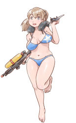Rule 34 | 1girl, aircraft, airplane, barefoot, bikini, blue bikini, blue eyes, breasts, brown hair, commentary request, full body, highres, intrepid (kancolle), kantai collection, karasu (naoshow357), large breasts, navel, neck pillow, open mouth, ponytail, short hair, simple background, smile, solo, super soaker, swimsuit, water gun, white background