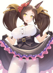 Rule 34 | + +, 1girl, absurdres, animal ears, artist request, bad id, bad pixiv id, black gloves, breasts, brown hair, clothes lift, dress, dress lift, fang, frilled dress, frills, gloves, hairband, highres, horse ears, horse girl, large breasts, long hair, marvelous sunday (umamusume), pantyhose, puffy short sleeves, puffy sleeves, short sleeves, skin fang, solo, twintails, umamusume, white pantyhose, yellow eyes