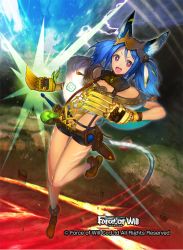 Rule 34 | 1girl, animal ears, blue hair, boots, cat tail, claws, copyright name, electricity, feathers, force of will, fuziwara ayumu, gloves, headband, long hair, official art, open mouth, pricia (force of will), purple eyes, rock, solo, sword, tail, tattoo, teeth, twintails, weapon