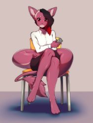 Rule 34 | 1girl, absurdres, animal ears, barefoot, brown hair, brown skirt, chair, closed mouth, collared shirt, colored skin, commission, crossed legs, dress shirt, full body, furry, furry female, highres, holding, holding phone, long hair, long sleeves, original, pencil skirt, phone, red eyes, red hair, red skin, shirt, sitting, skirt, solo, suelix, tail, white shirt