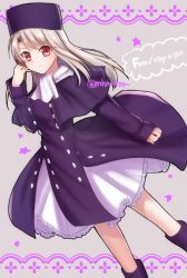 Rule 34 | 1girl, boots, closed mouth, coat, copyright name, dutch angle, fate/stay night, fate (series), feet out of frame, frilled skirt, frills, hat, highres, illyasviel von einzbern, legs apart, long hair, long sleeves, looking at viewer, purple coat, purple footwear, red eyes, scarf, silver hair, skirt, smile, solo, standing, tanaji, twitter username, white scarf, white skirt