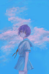 1girl absurdres blue_sailor_collar blue_skirt blue_sky brown_eyes closed_mouth cloud commentary_request day expressionless from_side highres kaikaikai_1211 kita_high_school_uniform looking_at_viewer nagato_yuki pleated_skirt purple_hair red_ribbon ribbon sailor_collar school_uniform serafuku shirt short_hair short_sleeves skirt sky solo standing summer_uniform suzumiya_haruhi_no_yuuutsu white_shirt