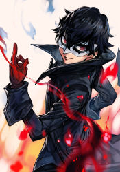Rule 34 | 1boy, amamiya ren, atlus, black hair, black jacket, eye mask, fire, gloves, hungry clicker, jacket, looking at viewer, male focus, mask, persona, persona 5, red eyes, red gloves, sega, short hair, smile, solo