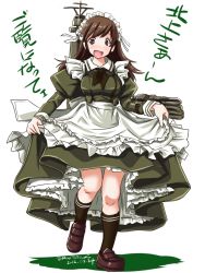 Rule 34 | 10s, 1girl, 2016, adapted costume, alternate costume, apron, blush, brown eyes, brown hair, clothes lift, dated, dress, dress lift, enmaided, full body, green dress, kantai collection, long hair, machinery, maid, maid apron, maid headdress, neckerchief, ooi (kancolle), open mouth, school uniform, serafuku, skirt, skirt hold, skirt lift, smile, solo, tatsumi ray, text focus, torpedo, turret, twitter username