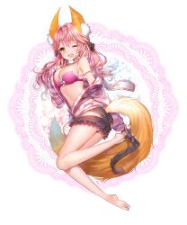 Rule 34 | 10s, 1girl, aile (crossroads), animal ears, barefoot, bra, breasts, fate/extra, fate (series), feet, female focus, fox ears, fox tail, highres, large breasts, long hair, looking at viewer, miniskirt, off shoulder, official alternate costume, one eye closed, open clothes, open mouth, open shirt, panties, pink bra, pink hair, shirt, single sock, single thighhigh, skirt, smile, sock pull, socks, soles, solo, strap slip, tail, tamamo (fate), tamamo no mae (fate/extra), tamamo no mae (spring casual) (fate), thighhigh dangle, thighhighs, toes, transparent background, underwear, unzipped, yellow eyes