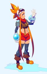 Rule 34 | 1girl, armor, black thighhighs, boots, bracer, breasts, crop top, cryamore, detached sleeves, esmyrelda maximus, freckles, gesture, gloves, goggles, goggles on head, headband, long hair, matching hair/eyes, midriff, navel, orange eyes, orange hair, pauldrons, robaato, scarf, shorts, shoulder armor, sidelocks, signature, smile, solo, spiked hair, suspenders, thighhighs, white gloves