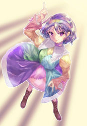 Rule 34 | blue hair, boots, bow, commentary request, dress, frills, hairband, highres, looking at viewer, mizushima hana, multicolored clothes, multicolored dress, multicolored hairband, orange sleeves, patchwork clothes, pointing, pointing down, pointing up, purple eyes, rainbow gradient, short hair, smile, stitches, tenkyuu chimata, touhou, yellow sleeves