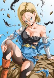 Rule 34 | 1girl, android 18, arm support, belt, black pantyhose, blonde hair, blue background, blue eyes, boots, breasts, cleavage, closed mouth, clothes lift, collarbone, commentary request, covered erect nipples, denim, denim jacket, denim skirt, dirty, dirty clothes, dirty face, dragon ball, dragonball z, earrings, eyelashes, fingernails, floating, floating rock, gradient background, hand on own knee, head tilt, highres, jacket, jewelry, large breasts, light smile, looking away, panties, pantyhose, rock, shirt, short hair, simple background, sitting, sitting on rock, skirt, smile, solo, torn clothes, torn pantyhose, torn shirt, torn skirt, underwear, waistcoat, white background, white panties, wind, wind lift, young jijii