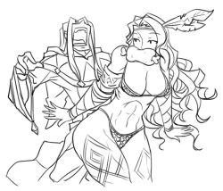 Rule 34 | 1boy, 1girl, abs, amazon (dragon&#039;s crown), amazon warrior, armlet, armor, bikini armor, boned meat, breasts, circlet, cleavage, dragon&#039;s crown, feather hair ornament, feathers, food, greyscale, grinding, hair ornament, hetero, large breasts, long hair, matsu-sensei, meat, monochrome, mouth hold, open mouth, parody, robe, sketch, tattoo, thick thighs, thighs, vambraces, vanillaware, wizard (dragon&#039;s crown), yakitate!! japan
