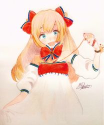 Rule 34 | 1girl, aqua eyes, blonde hair, bow, detached sleeves, dress, fangs, hair bow, hand up, highres, long hair, looking at viewer, nail polish, open mouth, original, pincushion, red bow, red nails, ruu wan mm, signature, simple background, skin fangs, smile, solo, stitches, upper body, white background, white dress, x x