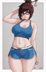 Rule 34 | 1girl, arm behind back, bare shoulders, bluefield, breasts, brown eyes, brown hair, cleavage, covered erect nipples, curvy, glasses, hair bun, hair ornament, hair stick, highres, large breasts, looking at viewer, mei (overwatch), midriff, navel, outside border, overwatch, shorts, single hair bun, smile, solo, sports bra, thick thighs, thighs