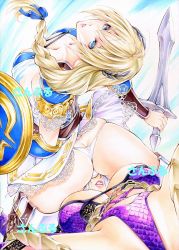 Rule 34 | 2girls, armlet, ass, blonde hair, blue ribbon, bracer, braid, breasts, butt crack, cameltoe, chain, cleavage, frilled skirt, frills, hair between eyes, hair ribbon, holding, holding shield, holding sword, holding weapon, isabella valentine, multiple girls, namco, panties, parted lips, ribbon, shield, sitting, sitting on face, sitting on person, skindentation, skirt, sophitia alexandra, soul calibur, straddling, sword, thighhighs, thighs, traditional media, underwear, view between legs, weapon, white hair, white panties, yqgkg