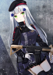 Rule 34 | 1girl, assault rifle, beret, black hat, black skirt, black thighhighs, blunt bangs, blush, breasts, commentary request, eyebrows hidden by hair, facial mark, girls&#039; frontline, gloves, green eyes, gun, h&amp;k hk416, hair ornament, hat, heckler &amp; koch, highres, hk416 (girls&#039; frontline), holding, holding gun, holding weapon, jacket, long hair, long sleeves, name connection, object namesake, parted lips, plaid, plaid skirt, pleated skirt, purin jiisan, purple jacket, rifle, silver hair, skirt, small breasts, solo, thighhighs, trigger discipline, very long hair, weapon, white gloves