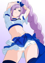 Rule 34 | 1girl, aono miki, arms up, black thighhighs, blue choker, blue eyes, blue skirt, choker, cowboy shot, cure berry, fresh precure!, from below, fuchi (nightmare), gradient background, hairband, high ponytail, highres, layered skirt, long hair, magical girl, midriff, miniskirt, navel, precure, purple background, purple hair, short sleeves, skirt, solo, standing, thighhighs