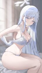 Rule 34 | 1girl, bandaged arm, bandages, bare shoulders, blue archive, blue eyes, blush, bra, breasts, cleavage, commentary request, flower, from side, hair flower, hair ornament, halo, hei d, highres, large breasts, long hair, looking at another, looking at viewer, nagusa (blue archive), navel, panties, parted lips, sitting, solo, stomach, thighs, underwear, underwear only, white bra, white hair, white halo, white panties