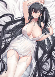 Rule 34 | 1girl, :q, areola slip, armpits, arms up, azur lane, black hair, bracelet, breasts, cleavage, closed mouth, commentary request, crossed bangs, dress, earrings, garter straps, hair ornament, highres, jewelry, large breasts, long hair, looking at viewer, lying, necklace, official alternate costume, on back, one eye closed, panties, rebutsu, red eyes, side ponytail, skindentation, smile, solo, strap pull, taihou (azur lane), taihou (temptation on the sea breeze) (azur lane), thighhighs, thighs, tongue, tongue out, underwear, white dress, white panties, white thighhighs