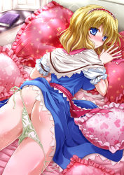 Rule 34 | 1girl, alice margatroid, ass, blonde hair, blue eyes, blush, body blush, book, breasts, capelet, dress, frilled pillow, frills, from behind, green panties, hairband, heart, lips, looking at viewer, looking back, lying, on bed, on stomach, panties, panty pull, pillow, shiny skin, short hair, side-tie panties, solo, sparkle, star (symbol), touhou, underwear, untied, yamu (reverse noise)