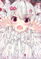 Rule 34 | 1girl, :o, animal ear fluff, animal ears, blood, blood on face, blush, bow, bowtie, buttons, cat ears, center opening, claw pose, close-up, commentary request, fang, fingernails, food-themed hair ornament, frilled sleeves, frills, hair bow, hair ornament, hands up, happy halloween, highres, long fingernails, long sleeves, looking at viewer, nail polish, ooji cha, open mouth, original, oziko (ooji cha), pink bow, polka dot, polka dot bow, puffy long sleeves, puffy sleeves, purple eyes, solo, sparkling eyes, teeth, upper body, v-shaped eyebrows, white bow, white bowtie, white hair, white nails
