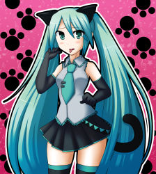 Rule 34 | 1girl, animal ears, black gloves, blue eyes, blue hair, blush, cat ears, cat girl, female focus, gloves, gradient background, hatsune miku, kemonomimi mode, long hair, looking at viewer, matching hair/eyes, necktie, skirt, solo, standing, tongue, twintails, vocaloid