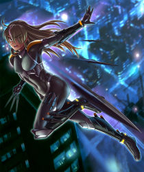 Rule 34 | 1boy, alternate hairstyle, androgynous, bodysuit, building, city, covered navel, dark skin, full body, highres, jumping, long hair, looking at viewer, mikoyan, multicolored hair, night, night sky, sky, solo, taimanin (series), taimanin asagi, taimanin asagi kessen arena, tenma yayoi, third-party edit, thong, trap, two-tone hair, very long hair, weapon, wide hips
