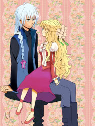 Rule 34 | 1boy, 1girl, blonde hair, blue eyes, blue hair, boots, braid, breasts, claire bennett, dress, flower, frills, long hair, pants, shoes, tales of (series), tales of rebirth, veigue lungberg, vest