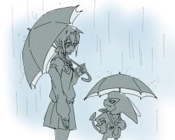 Rule 34 | 1boy, 1girl, ai (digimon), digimon, impmon, looking at another, rain, tail, umbrella