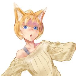 Rule 34 | 1girl, animal ear fluff, animal ears, bad id, bad twitter id, blonde hair, blue eyes, commentary request, fox ears, jaco, off shoulder, original, ribbed sweater, short hair, simple background, slit pupils, solo, sweater, triangle mouth, upper body, white background, yellow sweater