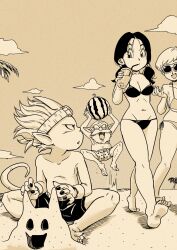 Rule 34 | 2boys, 2girls, absurdres, beach, beard, beelzebub (sand land), bikini, black hair, breasts, bulma, cleavage, crossover, dragonball z, drink, elf, facial hair, food, fruit, grin, highres, looking at another, medium breasts, multiple boys, multiple girls, navel, old, old man, palm tree, pink mousse, pointy ears, rao (sand land), sand land, sandland, smile, sunglasses, swimsuit, tail, tree, twintails, videl, walking, watermelon