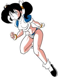 Rule 34 | 1girl, black hair, blue panties, bracelet, breasts, clenched hands, erik96, erika-chan, flat color, jewelry, jumping, long hair, medium breasts, midriff, navel, panties, puffy sleeves, revealing clothes, scrunchie, shirt, short sleeves, simple background, striped clothes, striped panties, thong, twintails, underwear, white shirt, wide hips
