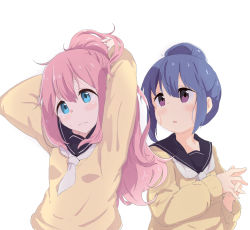 Rule 34 | 2girls, :o, adjusting hair, arms up, black sailor collar, blue eyes, blue hair, blush, closed mouth, commentary request, hair bun, highres, interlocked fingers, kagamihara nadeshiko, long hair, long sleeves, looking at another, looking at viewer, multiple girls, murairamuraiari, neckerchief, own hands together, parted lips, pink hair, purple eyes, sailor collar, shima rin, simple background, single hair bun, sweatdrop, sweater, upper body, white background, white neckerchief, yellow sweater, yurucamp