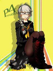 Rule 34 | 1girl, atlus, between breasts, boots, braid, breasts, brown pantyhose, candy, cross-eyed, cross-laced footwear, food, full body, genderswap, genderswap (mtf), glasses, grey eyes, grey hair, hair over shoulder, high heel boots, high heels, highres, houndstooth, knee boots, lace-up boots, large breasts, legs together, lollipop, long hair, mouth hold, narukami yuu, necktie, necktie between breasts, onoe junki, pantyhose, persona, persona 4, school uniform, serafuku, sitting, skirt, solo, twin braids, unmoving pattern