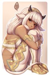 Rule 34 | 1girl, animal ears, artist name, ash (fire emblem), blush, brown eyes, closed mouth, dark-skinned female, dark skin, evomanaphy, fetal position, fire emblem, fire emblem heroes, heart, highres, horns, long hair, looking at viewer, nintendo, simple background, smile, solo, speech bubble, spoken heart, tail, twitter username, white hair