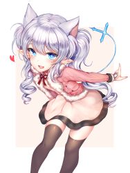 Rule 34 | 1girl, :d, animal ears, black legwear, blue eyes, blush, cropped jacket, dress, drill hair, elsword, hair between eyes, heart, highres, jacket, leaning forward, long hair, looking at viewer, lu, luciela r. sourcream, open clothes, open jacket, open mouth, pointy ears, ribbon, silver hair, simple background, smile, symbol-shaped pupils, tail, zerocat
