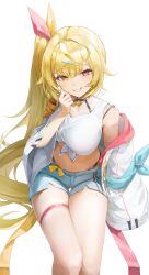 1girl absurdres armpits bare_shoulders blonde_hair blue_shorts blunt_bangs bow bra_strap breasts commentary crop_top from_above front-tie_top ginlear hair_bow hair_intakes hair_ornament halterneck hand_on_own_cheek hand_on_own_face heterochromia highres hoshikawa_sara hoshikawa_sara_(1st_costume) invisible_chair jacket jacket_partially_removed large_breasts long_hair long_sleeves looking_at_viewer midriff nijisanji open_clothes open_jacket panty_straps pendant_choker rabbit_bow short_shorts shorts side_ponytail simple_background sitting smile solo symbol-only_commentary tank_top teeth thigh_strap thighs tied_tank_top virtual_youtuber white_background white_tank_top x_hair_ornament