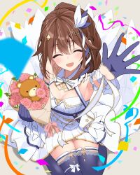 Rule 34 | 1girl, ankimo (tokino sora), arm up, armpits, bare shoulders, blush, breasts, brown hair, cleavage, closed eyes, confetti, diamond hair ornament, dress, flower, gloves, hair flaps, hair ornament, highres, hololive, kuronaga, long hair, medium breasts, open mouth, ponytail, small breasts, solo, star (symbol), star hair ornament, thighhighs, tokino sora, tokino sora (birthday 2022), virtual youtuber