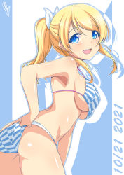 Rule 34 | 1girl, absurdres, armpits, artist name, artist request, ass, ayase eli, bangs, bare shoulders, bikini, blonde hair, blue eyes, blush, bow, breasts, bunji, collarbone, commentary, female focus, from behind, hair between eyes, hair bow, halterneck, hand on hip, high ponytail, highres, large breasts, long hair, looking at viewer, looking back, love live!, love live! school idol project, parted lips, ponytail, pose, shiny, shiny hair, shiny skin, short hair, sidelocks, smile, solo, string bikini, striped, striped bikini, swimsuit, white bow