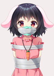 Rule 34 | 1girl, absurdres, animal ears, arms behind back, bdsm, black hair, bondage, bound, bound arms, cloth gag, dress, gag, gagged, grey background, highres, ikazu401, improvised gag, inaba tewi, looking at viewer, pink dress, rabbit ears, red eyes, short sleeves, solo, tape, tape gag, touhou, v-shaped eyebrows