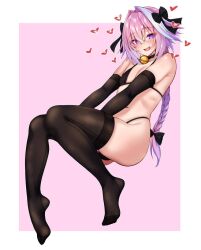 Rule 34 | 1boy, alternate costume, androgynous, armpit crease, ass, astolfo (fate), bell, bikini, black bikini, black bow, black choker, border, bow, braid, braided ponytail, brown gloves, brown thighhighs, bulge, chinese commentary, choker, commentary, crossdressing, curvy, elbow gloves, fate/apocrypha, fate/grand order, fate (series), feet, fine fabric emphasis, full body, gloves, grey hair, hair between eyes, hair bow, hair intakes, heart, highleg, highleg bikini, husun wei, invisible chair, knees together feet apart, looking at viewer, male focus, multicolored hair, navel, neck bell, no shoes, pink background, pink eyes, pink hair, single braid, sitting, skindentation, streaked hair, swimsuit, thighhighs, thighs, thong, thong bikini, toes, trap, white border, wide hips