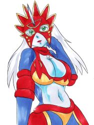 Rule 34 | 1girl, digimon, female focus, fladramon, long hair, mask, personification, simple background, solo, white background