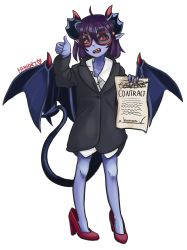 Rule 34 | 1girl, :d, absurdres, aged down, ahoge, artist name, black jacket, black sclera, blue skin, business suit, child, collared shirt, colored sclera, colored skin, commentary, contract, demon (monster girl encyclopedia), demon girl, demon horns, demon tail, demon wings, formal, full body, glasses, hair between eyes, hand up, hhhori, high heels, highres, horns, jacket, legs apart, looking at viewer, medium hair, monster girl encyclopedia, open mouth, oversized clothes, pointy ears, purple hair, red-framed eyewear, red eyes, red footwear, shirt, shoes, signature, simple background, slit pupils, smile, solo, standing, suit, tail, thumbs up, typo, white background, white shirt, wings