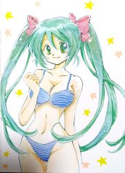 Rule 34 | 1girl, bikini, bow, breasts, cleavage, clenched hand, green eyes, green hair, hair bow, hair ornament, hair ribbon, hatsune miku, highres, long hair, looking at viewer, medium breasts, nagisa chihiro, ribbon, smile, solo, star (symbol), starry background, striped bikini, striped clothes, swimsuit, traditional media, twintails, very long hair, vocaloid