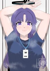 Rule 34 | 1girl, absurdres, against wall, arms up, blue archive, blue shirt, blush, breasts, check commentary, closed mouth, commentary, commentary request, do kusuri, frown, gym shirt, gym uniform, halo, highres, holding own arm, id card, lanyard, lips, long bangs, long hair, looking at viewer, mechanical halo, medium breasts, official alternate costume, purple eyes, purple hair, shadow, shirt, signature, steam, steaming body, sweat, sweat stain, t-shirt, upper body, very sweaty, yuuka (blue archive), yuuka (track) (blue archive)