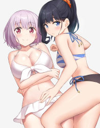 Rule 34 | 10s, 2girls, bikini, black bikini, black hair, blue eyes, blush, breasts, cccpo, closed mouth, collet, commentary request, crossed arms, frilled bikini, frills, front-tie top, grey background, gridman universe, hair ornament, hair scrunchie, halterneck, large breasts, looking at viewer, looking back, medium breasts, multiple girls, navel, ponytail, purple eyes, purple hair, red scrunchie, scrunchie, shinjou akane, shiny skin, short hair, simple background, smile, ssss.gridman, stomach, swimsuit, takarada rikka, white bikini