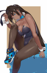 Rule 34 | 1girl, black hair, blue eyes, blue nails, bow, bowtie, breasts, cleavage, covered navel, dark-skinned female, dark skin, detached collar, hai ookami, highres, large breasts, leotard, long hair, looking at viewer, nail polish, original, pantyhose, playboy bunny, ponytail, sitting, solo, wrist cuffs