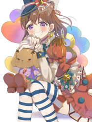 Rule 34 | 1girl, bang dream!, blue bow, blue hat, blush, bow, brown hair, choker, commentary request, earrings, epaulettes, frilled sleeves, frills, gloves, grin, hair ornament, hat, hat ribbon, heart, highres, jewelry, long sleeves, looking at viewer, matsuda (0yx38755230263c), medium hair, polka dot, polka dot bow, purple eyes, red choker, red ribbon, ribbon, sitting, skirt, smile, solo, star (symbol), star earrings, striped clothes, striped ribbon, striped thighhighs, stuffed animal, stuffed rabbit, stuffed toy, thighhighs, toyama kasumi, white background, white gloves, winding key, x hair ornament